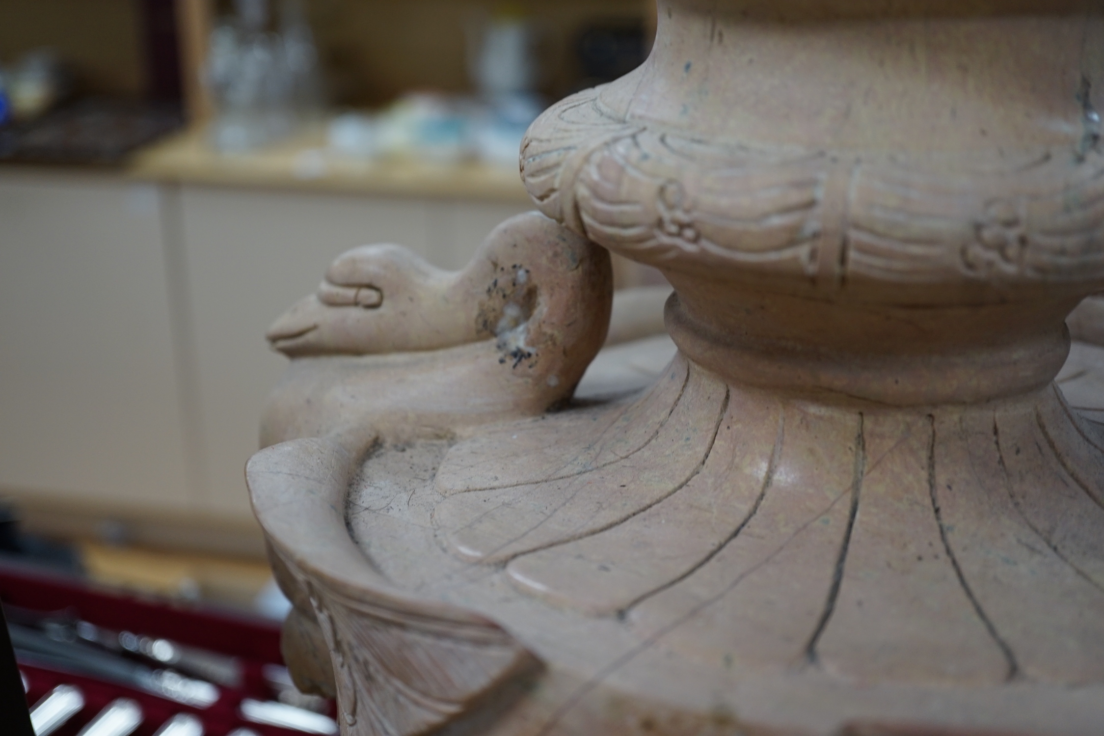 A large pair of Italian carved hardstone finial urns, 59cm